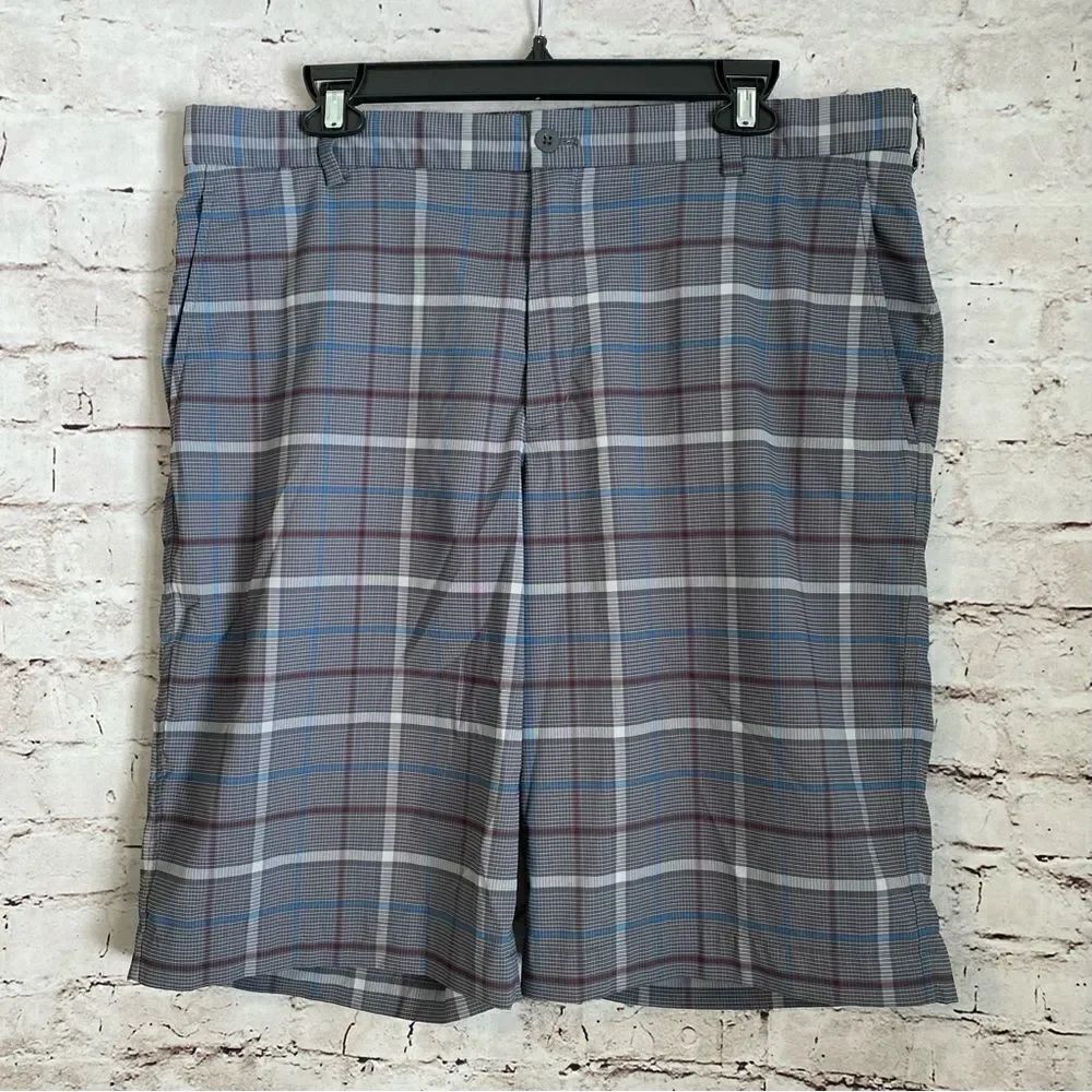 Nike Golf Shorts Gray Blue Plaid Flat Front Pockets Men’s Size 36
